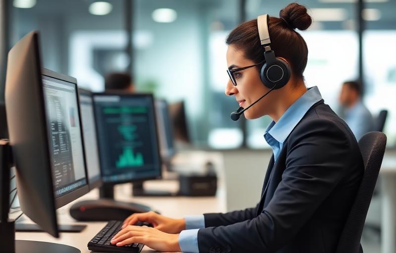 SDR con headset trabajando con CRM